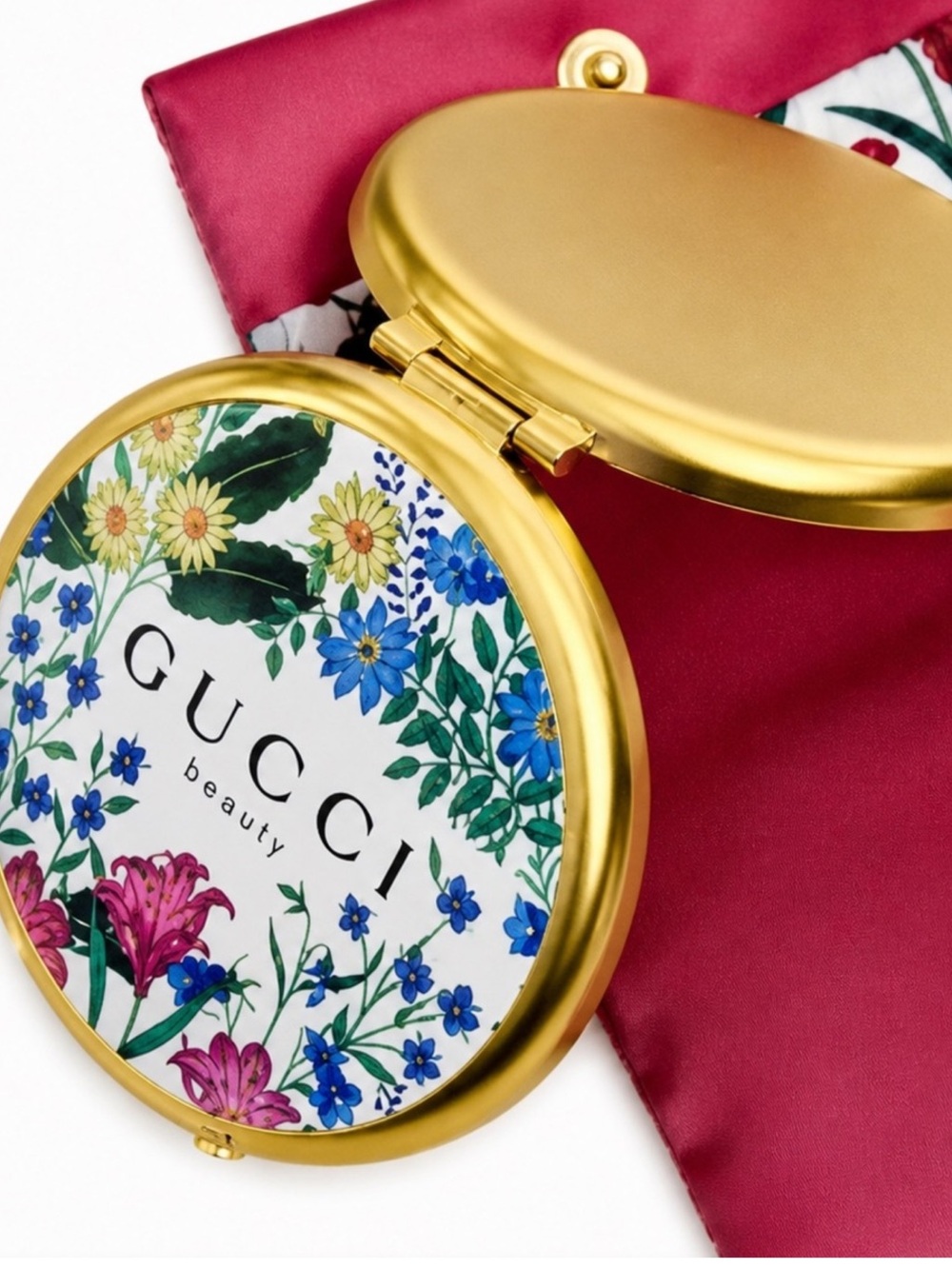 Gucci Beauty Floral Compact Mirror in Pink and Gold.